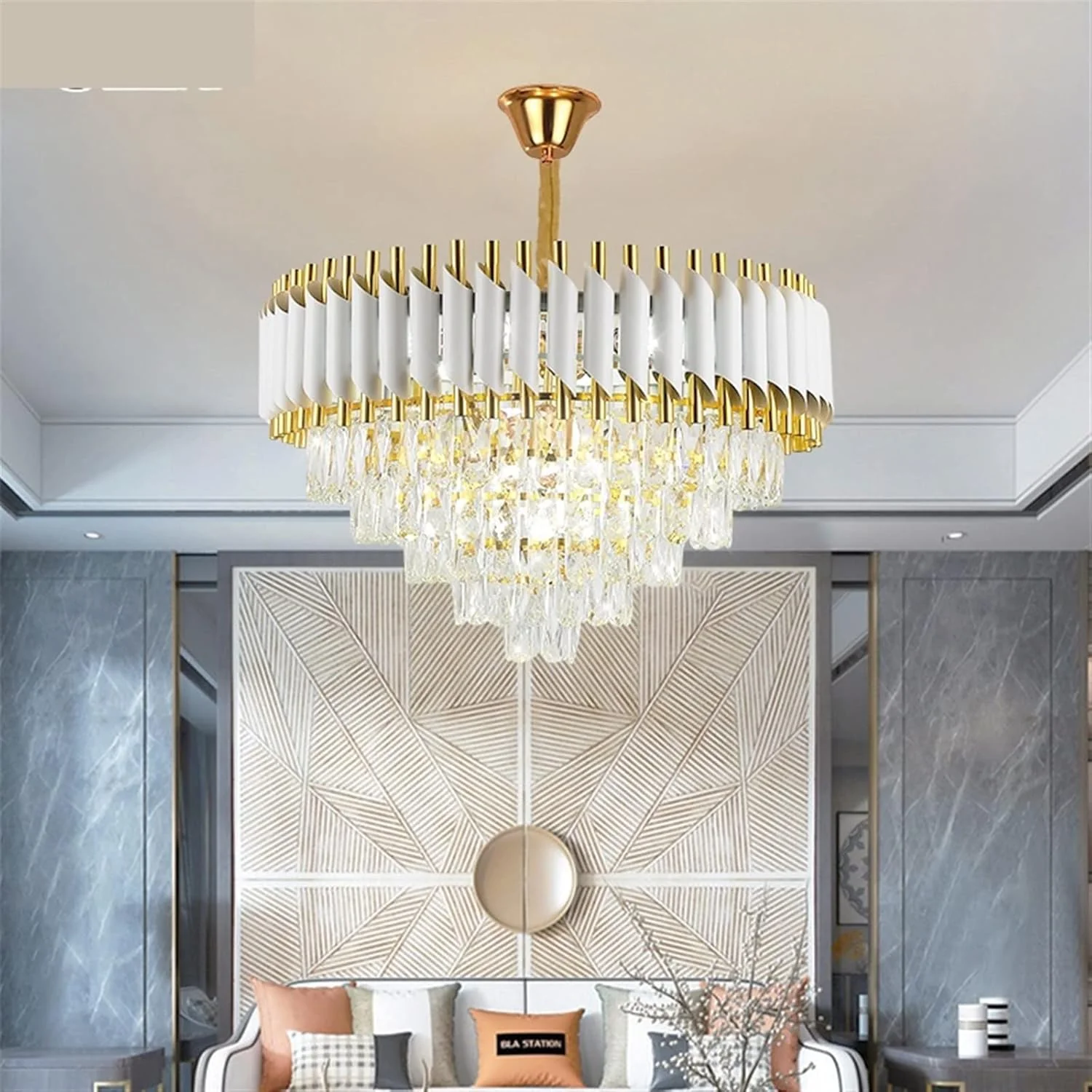 Candelabru S9001/600, Textura Cristal, Metal, 10 X E27, Alb/Auriu