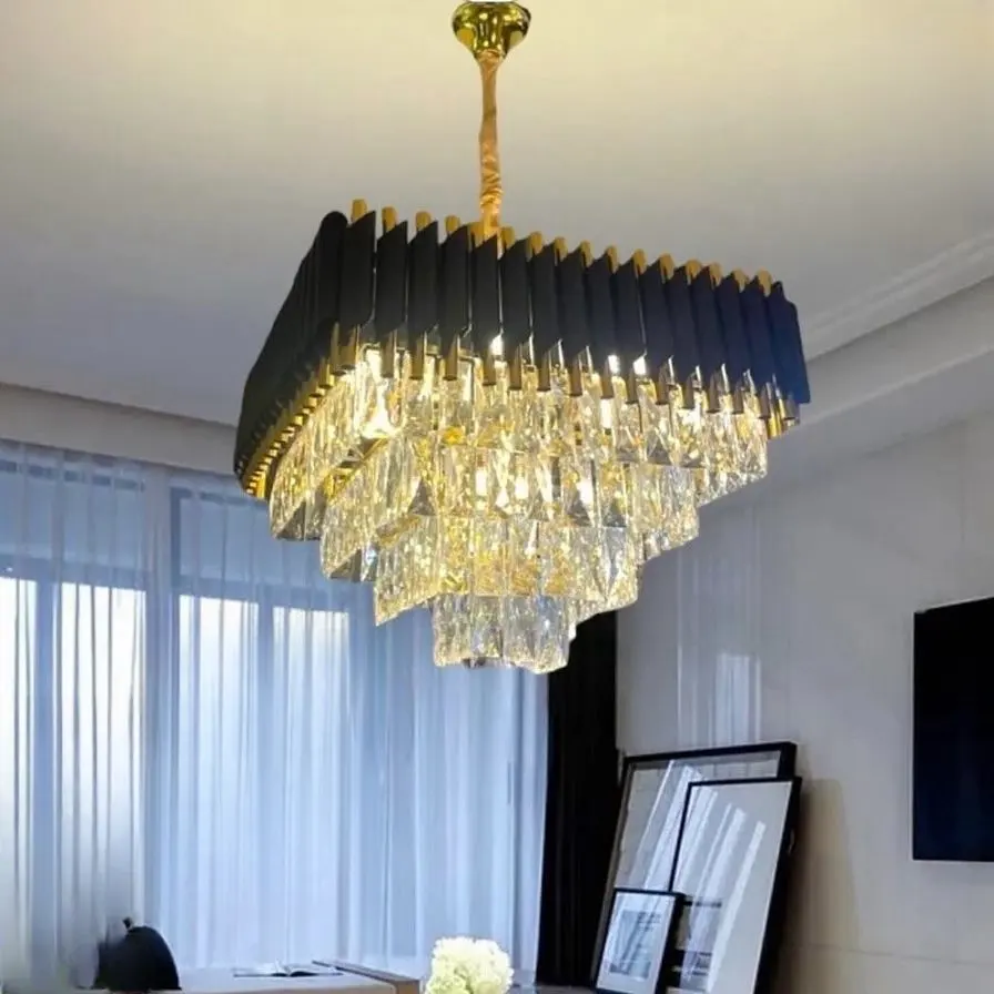 Candelabru Patrat, Textura Cristal, Metal, 8 X E27, Negru/Auriu S9001/500x500