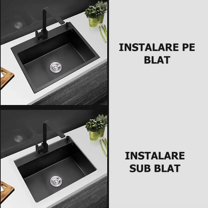 Chiuveta bucatarie, otel inoxidabil 304, kit scurgere si scurgator inclus, 60x45, neagru RV17