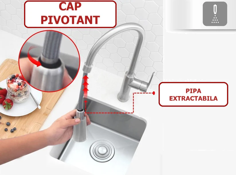 Baterie bucaterie, 6524C, cu pipa extractabila, otel inoxidabil, crom