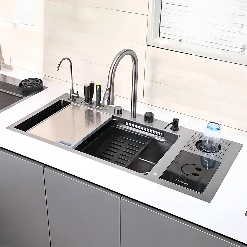 Set Chiuveta de Bucatarie Multifunctionala, Dimensiune 100x45cm Inox, Gri Inchis-Negru