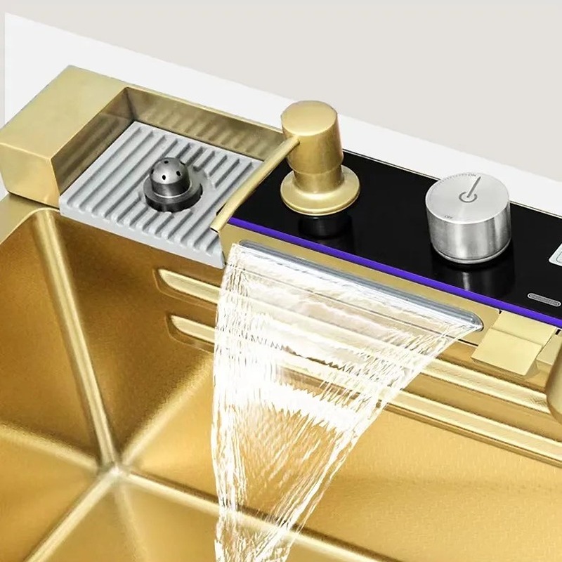 Chiuveta Bucatarie Multifunctionala Auriu cu LED, Inox, Auriu 75×45 cm