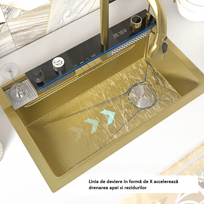 Chiuveta Bucatarie Multifunctionala Auriu cu LED, Inox, Auriu 75×45 cm