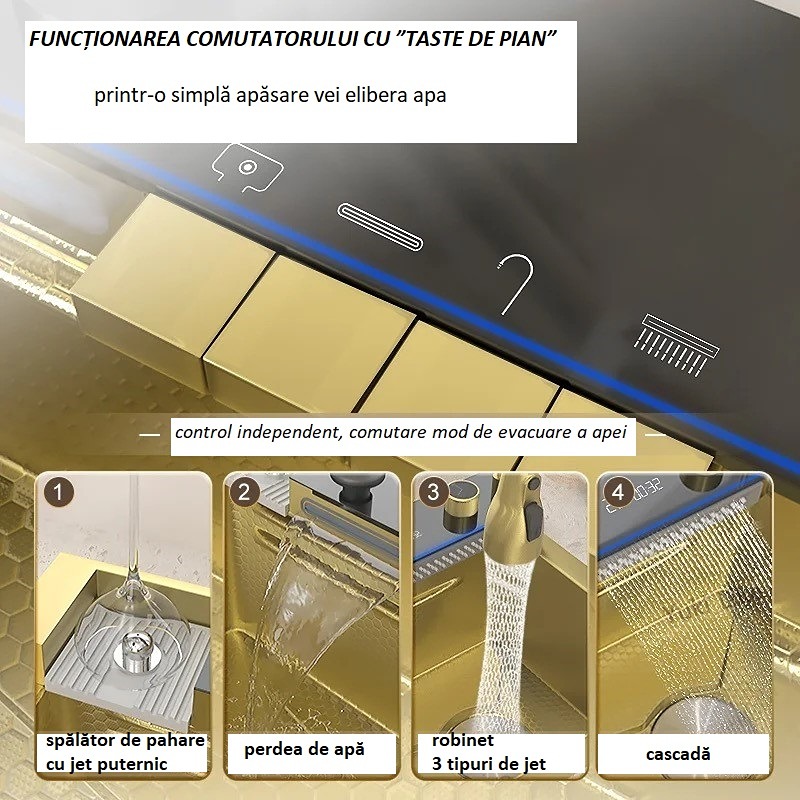 Chiuveta Bucatarie Multifunctionala Auriu cu LED, Inox, Auriu 75×45 cm