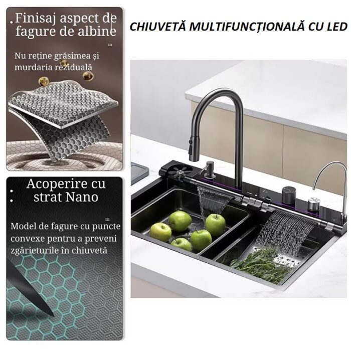 Set Chiuveta Bucatarie Multifunctionala cu LED, Inox, Gri Inchis – Negru 75×45 cm
