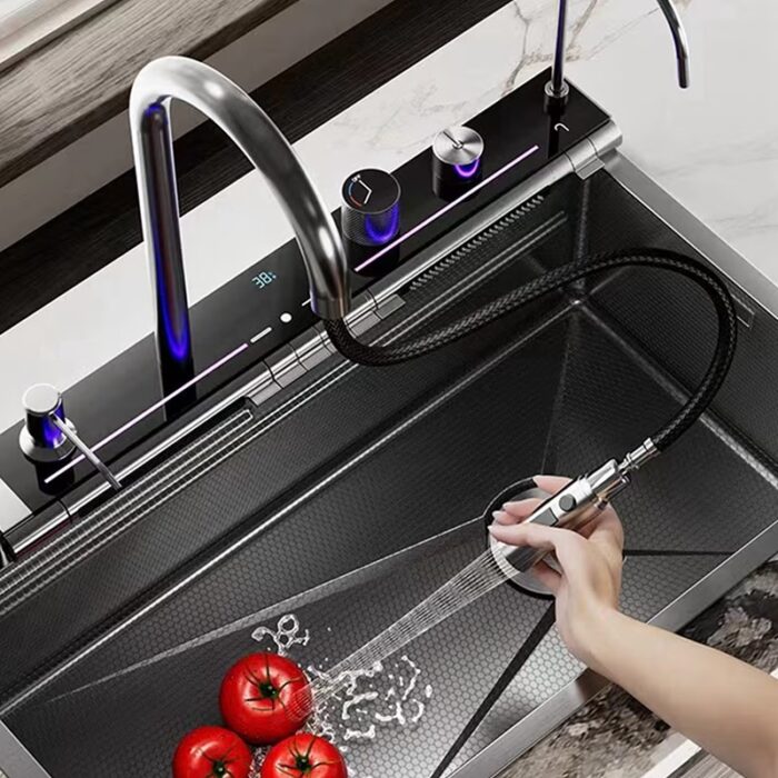 Set Chiuveta Bucatarie Multifunctionala cu LED, Inox, Gri Inchis – Negru 75×45 cm