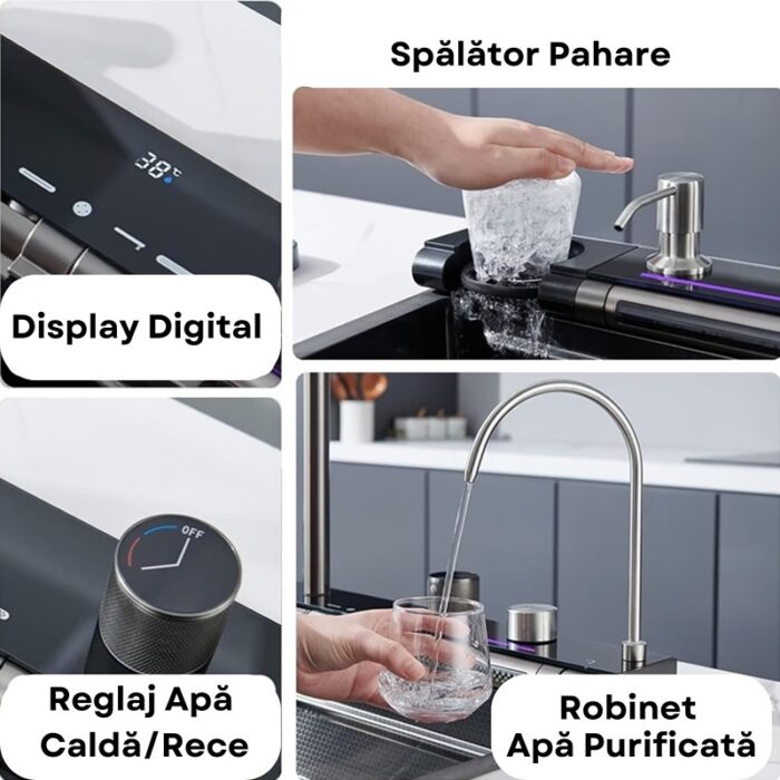 Set Chiuveta Bucatarie Multifunctionala cu LED, Inox, Gri Inchis – Negru 75×45 cm