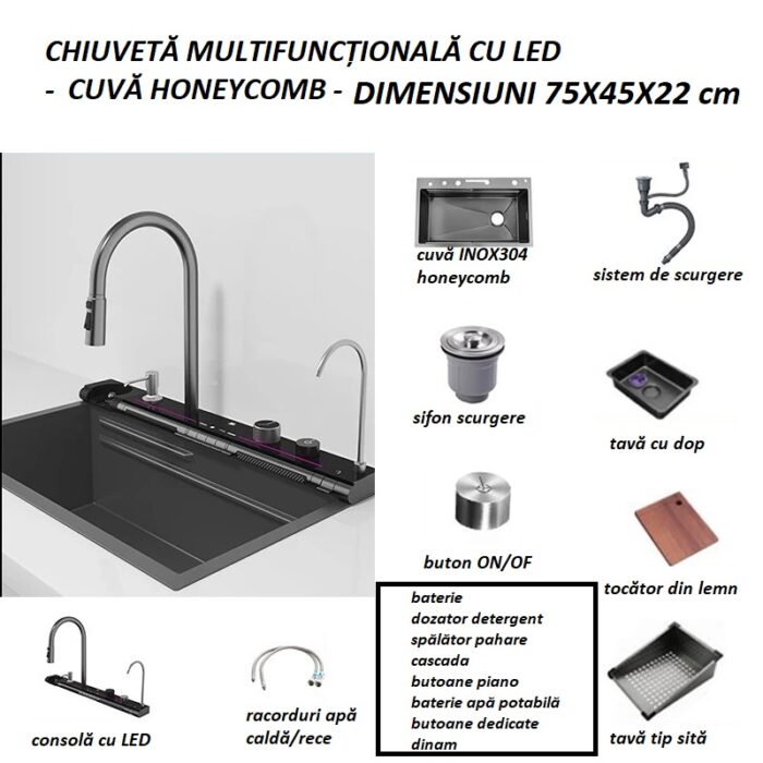 Set Chiuveta Bucatarie Multifunctionala cu LED, Inox, Gri Inchis – Negru 75×45 cm