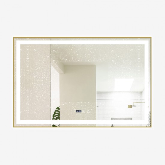 Oglindă Baie LED și Dezaburire Premium cu Senzor Touch, Lumina Rece, Caldă și Neutră, 100x65cm, cu rama Auriu, Ceas