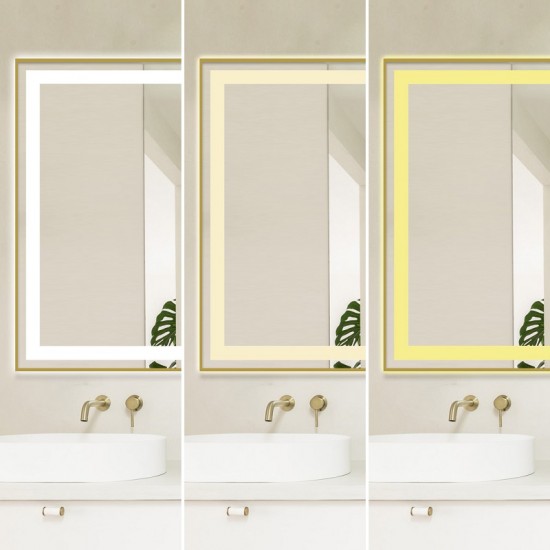 Oglindă Baie LED și Dezaburire Premium cu Senzor Touch, Lumina Rece, Caldă și Neutră, 100x65cm, cu rama Auriu, Ceas