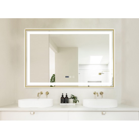 Oglindă Baie LED și Dezaburire Premium cu Senzor Touch, Lumina Rece, Caldă și Neutră, 100x65cm, cu rama Auriu, Ceas