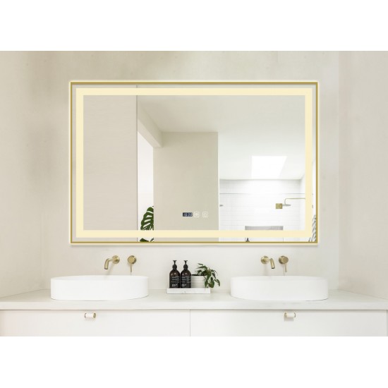 Oglindă Baie LED și Dezaburire Premium cu Senzor Touch, Lumina Rece, Caldă și Neutră, 100x65cm, cu rama Auriu, Ceas