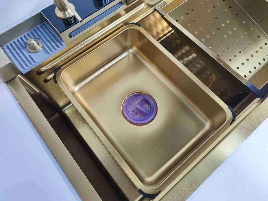 Chiuveta Bucatarie Multifunctionala Auriu cu LED, Inox, Auriu 75×45 cm