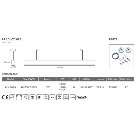 Lustra pe cablu Fără strălucire 40W 120cm 4000k lumina neutra 3600lm