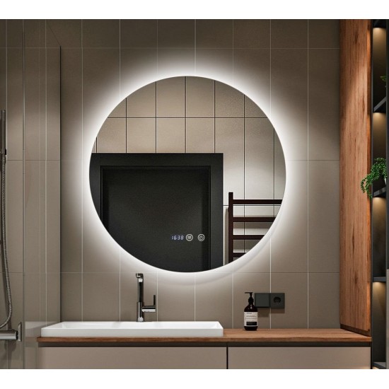 Oglindă Baie LED și Dezaburire, ceas, Premium cu Senzor Touch, Lumina Rece, Caldă și Neutră, 70 cm, lumina ambientala spate