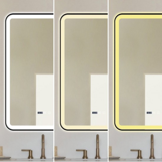 Oglindă Baie LED și Dezaburire Premium cu Senzor Touch, Lumina Rece, Caldă și Neutră, 60x90cm, cu rama Negru Mat, Ceas