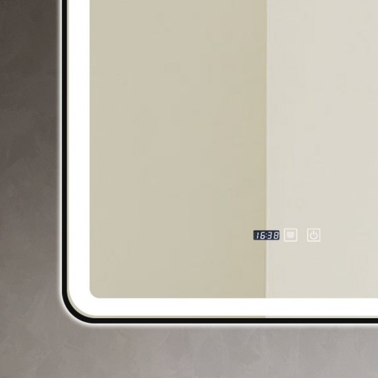 Oglindă Baie LED și Dezaburire Premium cu Senzor Touch, Lumina Rece, Caldă și Neutră, 70x90cm, cu rama Negru Mat, Ceas