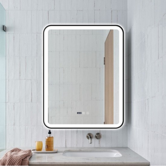 Oglindă Baie LED și Dezaburire Premium cu Senzor Touch, Lumina Rece, Caldă și Neutră, 70x90cm, cu rama Negru Mat, Ceas