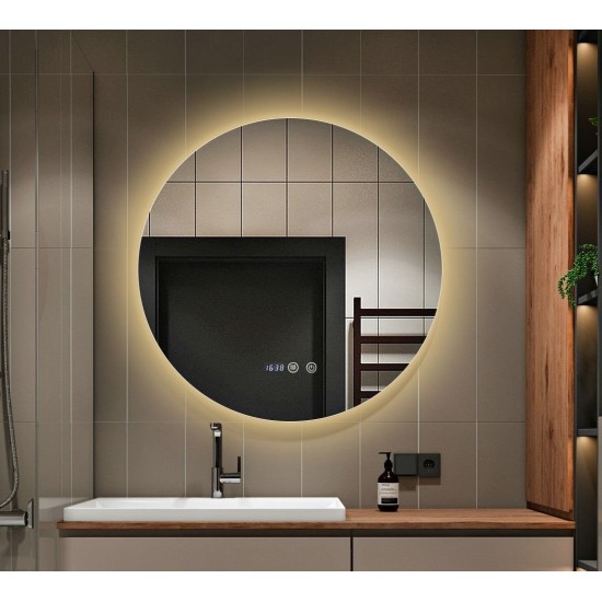 Oglindă Baie LED și Dezaburire, ceas, Premium cu Senzor Touch, Lumina Rece, Caldă și Neutră, 70 cm, lumina ambientala spate