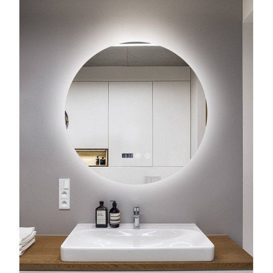 Oglindă Baie LED și Dezaburire, ceas, Premium cu Senzor Touch, Lumina Rece, Caldă și Neutră, 70 cm, lumina ambientala spate