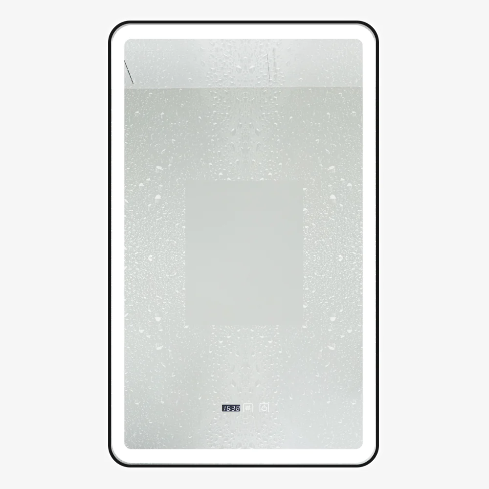 Oglindă Baie LED și Dezaburire Premium cu Senzor Touch, Lumina Rece, Caldă și Neutră, 60x90cm, cu rama Negru Mat, Ceas
